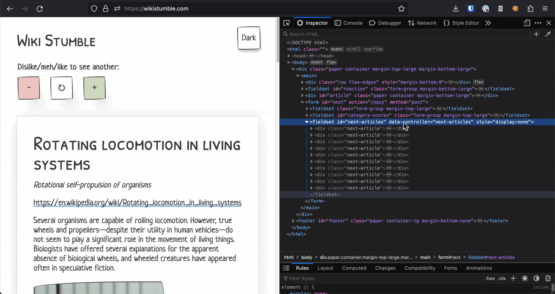 A demo of Wiki Stumble, with the browser's DOM inspector open showing the hidden fields of the article buffer being asynchronously filled.